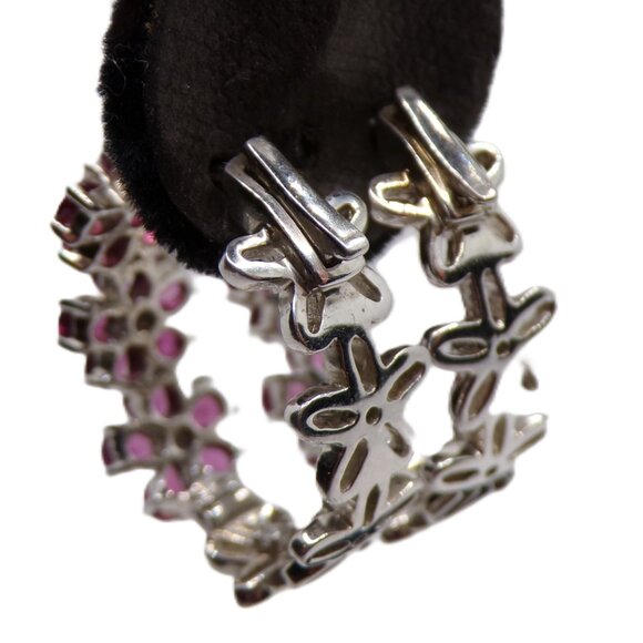 Chuck Clemency Sterling Silver Rhodolite Garnet Flowers Hoop Earrings - Picture 7 of 8